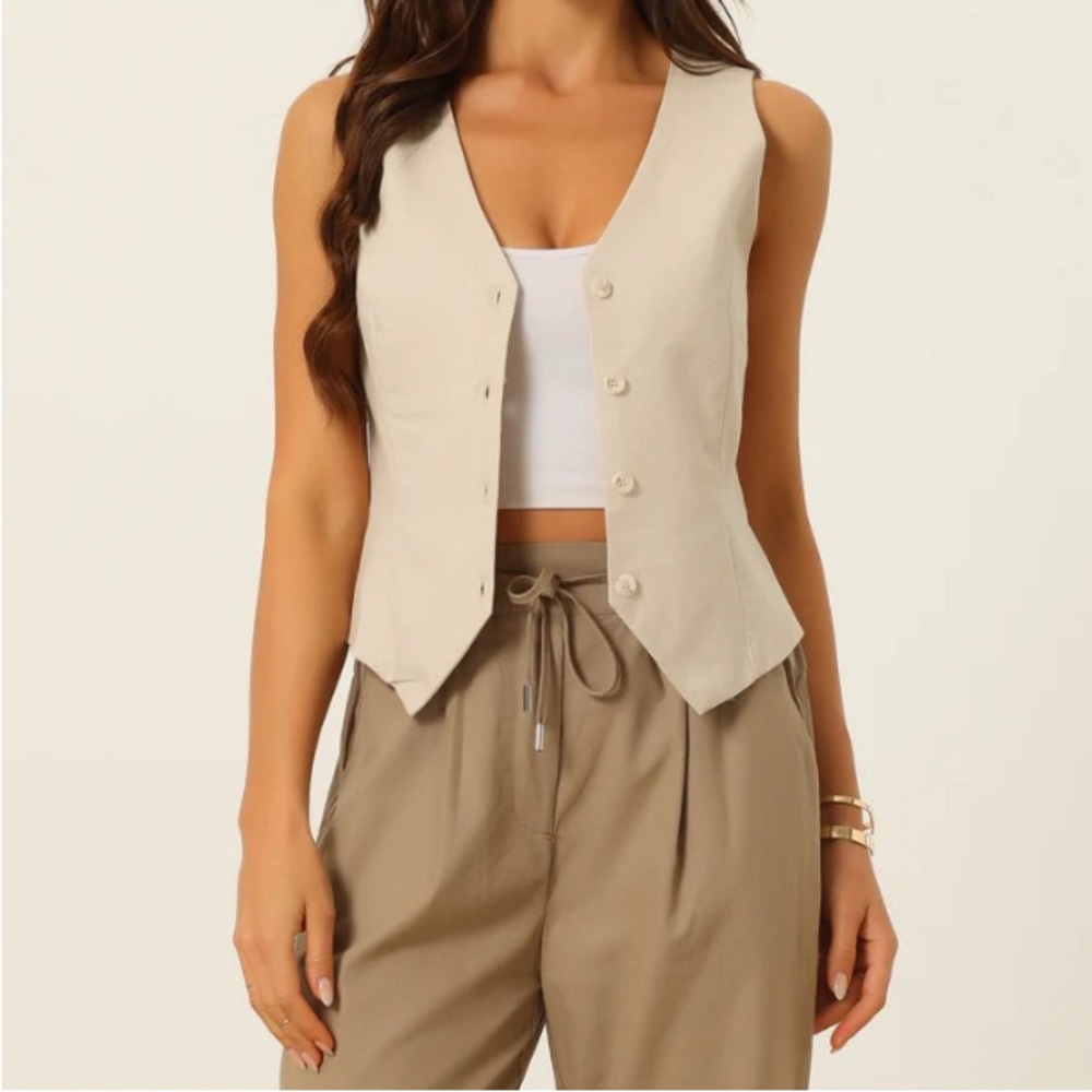 Allegra K sleeveless Solid Button Down V Neck Waistcoat Vest - Picture 2 of 11